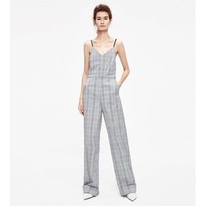 MO&Co Plaid Structured Cotton Blend Wide Leg Jumpsuit Gray Size S